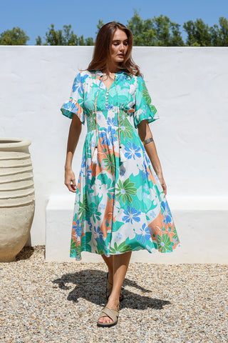 Shirred Waist Button Detail Dress - Blue/Green