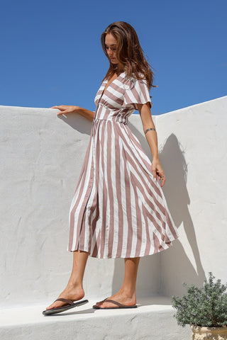 Stripe Button Front Dress - Mocha/White