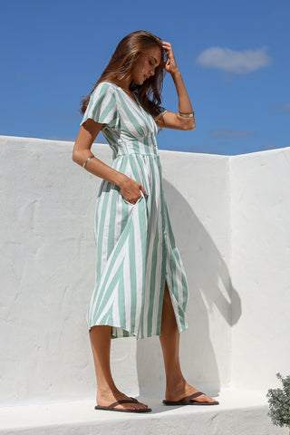 Stripe Button Front Dress - Sage/White