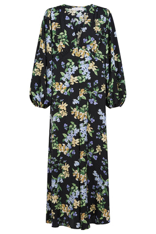 Black V-neck maxi dress with blue and yellow floral print and puff sleeves