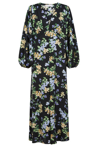 Black long-sleeved midi dress with a yellow and blue floral print