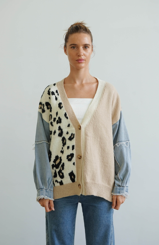 Malani Cardigan - Denim/Leopard