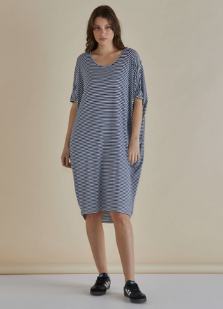 Maui Tee Shirt Dress - Navy Blue/White Stripe