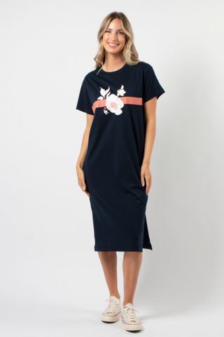 Maxie Tee Shirt Dress - Navy Rose Floral With Stripe