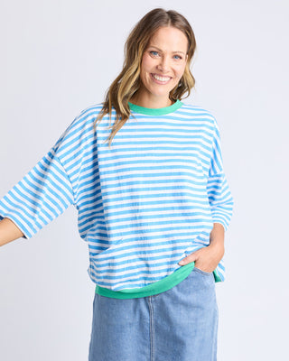 Mazie Stripe Ringer Sweatshirt - Azure/White Stripe With Gumdrop Bands