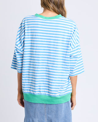Mazie Stripe Ringer Sweatshirt - Azure/White Stripe With Gumdrop Bands