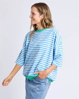 Mazie Stripe Ringer Sweatshirt - Azure/White Stripe With Gumdrop Bands