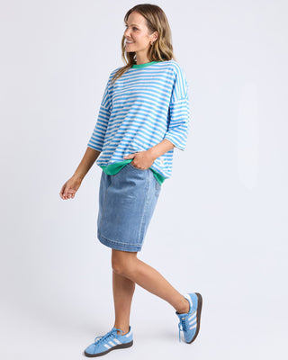 Mazie Stripe Ringer Sweatshirt - Azure/White Stripe With Gumdrop Bands