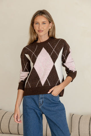 Diamond Argyle Knit - Chocolate/Blush/White