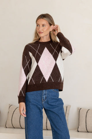 Diamond Argyle Knit - Chocolate/Blush/White