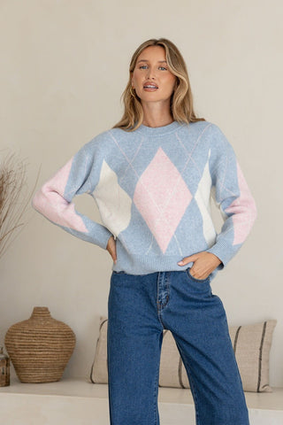Diamond Argyle Knit - Powder Blue/Blush/White