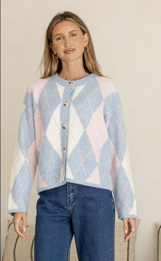 Argyle Cardigan - Powder Blue/Blush/White