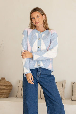Argyle Cardigan - Powder Blue/Blush/White