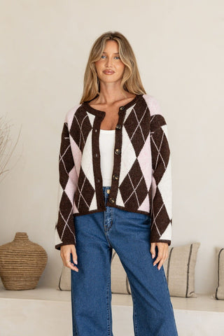 Argyle Cardigan - Chocolate/Blush/White