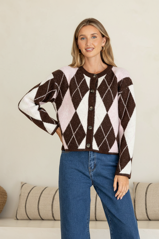 Argyle Cardigan - Chocolate/Blush/White