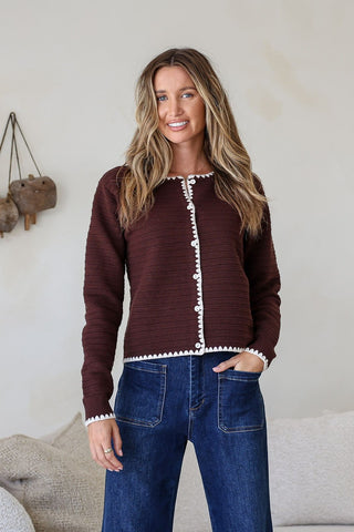 Blanket Stitch Detail Cardigan - Chocolate