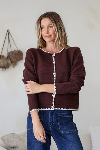 Blanket Stitch Detail Cardigan - Chocolate