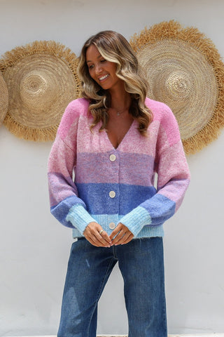 Multi Striped Vee Neck Cardigan - Pink/Blue