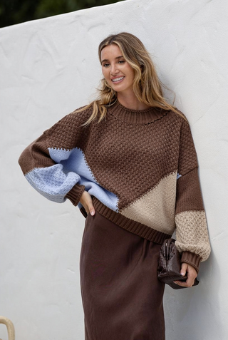 Penelope Splice Block Colour Knit - Chocolate/Blue/Mocha