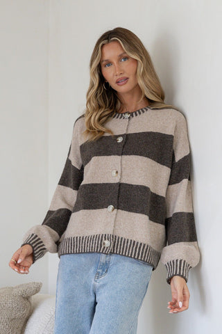 Maci Contrast Stripe Cardigan - Chocolate/Mocha