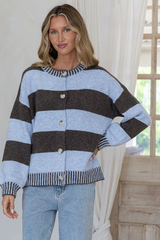 Maci Contrast Stripe Cardigan - Chocolate/Powder Blue