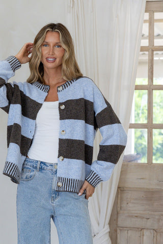 Maci Contrast Stripe Cardigan - Chocolate/Powder Blue