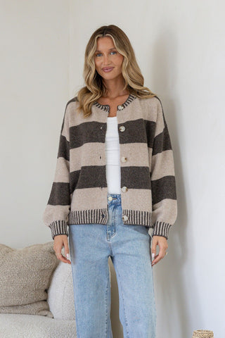 Maci Contrast Stripe Cardigan - Chocolate/Mocha