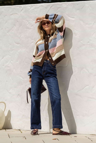 Block Stripe Cardigan - Chocolate/Pink/Blue