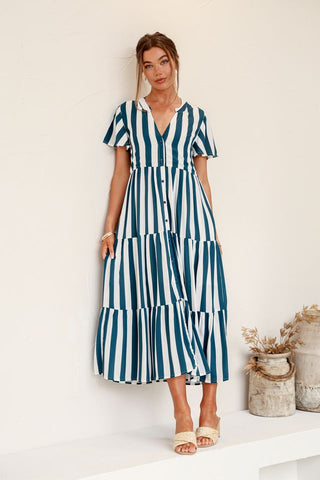 Madi Button Thru Tiered Maxi Dress - Navy/White Stripe