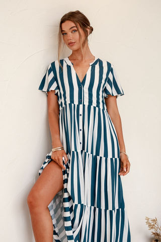 Madi Button Thru Tiered Maxi Dress - Navy/White Stripe