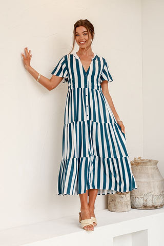 Madi Button Thru Tiered Maxi Dress - Navy/White Stripe