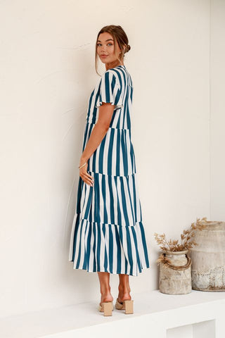 Madi Button Thru Tiered Maxi Dress - Navy/White Stripe
