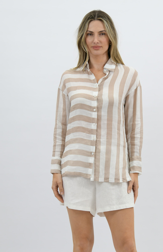 Nell Linen Shirt - Beige Stripe