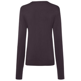 Back view of a dark charcoal long sleeve knit sweater for women