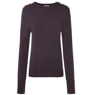 Dark purple long sleeve knit sweater with gold button details on shoulders and cuffs
