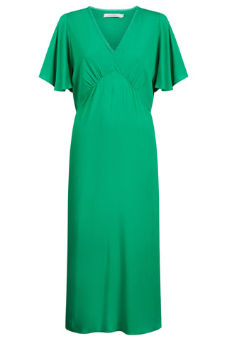 Bright green V-neck midi dress with flutter sleeves and lace trim neckline
