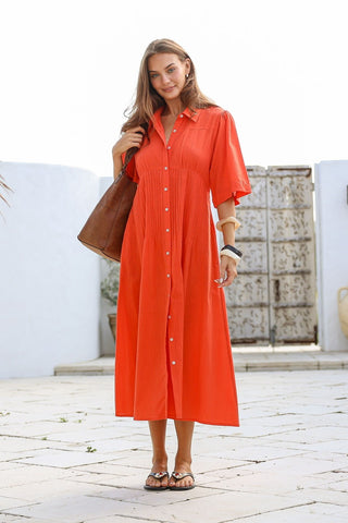 Pintuck Shirt Dress - Orange
