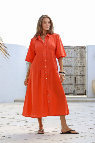 Pintuck Shirt Dress - Orange