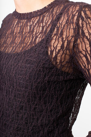 Dark brown lace long sleeve top with sheer textured fabric.