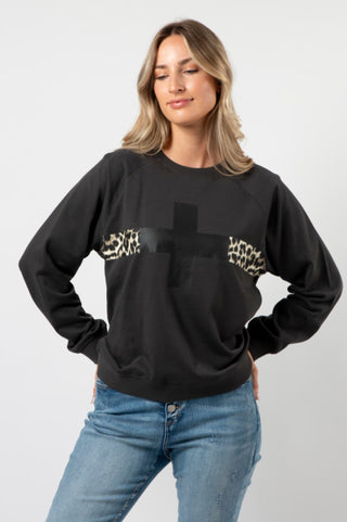 Stella+Gemma Everyday Sweater - Charcoal Cross With Leopard Stripe - SGSW8205 - allaboutagirl