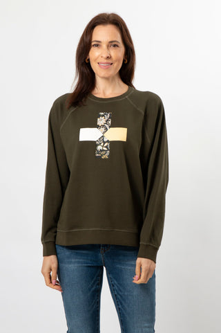 Stella+Gemma Everyday Sweater - Khaki with Folk Floral Cross (Due 26/4) - SGSW8188 - allaboutagirl