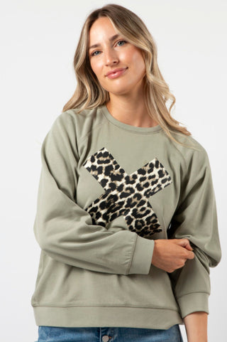 Stella+Gemma Everyday Sweater - Sage With Leopard Cross - SGSW8208 - allaboutagirl