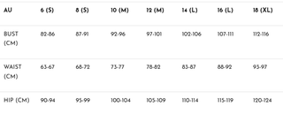 Women's clothing size guide chart showing AU size, bust, waist, and hip measurements in cm.