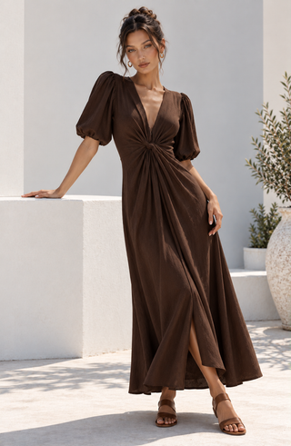 Grace+Co Twist Maxi Dress Chocolate, Front view | AAAG