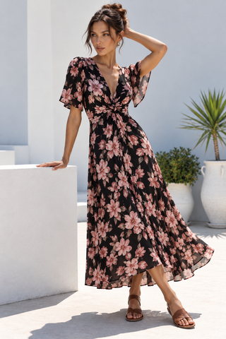 Twist Maxi Dress - Black/Pink Garden