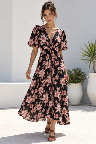 Twist Maxi Dress - Black/Pink Garden