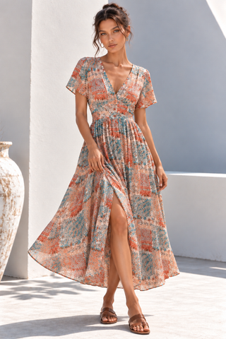 Grace+Co Button Through Maxi Dress Patchwork, Front view | AAAG