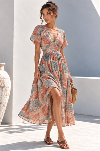 Grace+Co Button Through Maxi Dress Patchwork, Styled view | AAAG