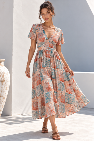 Grace+Co Button Through Maxi Dress Patchwork, Full length front view | AAAG
