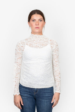 Woman wearing a white long-sleeve lace top and blue denim jeans.